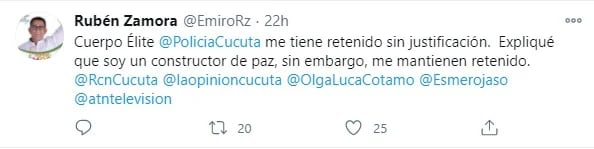 Twitter de Rubén Zamora, sobre su detención arbitraria por la Policía de Cúcuta. Foto: Twitter Rubén Zamora.