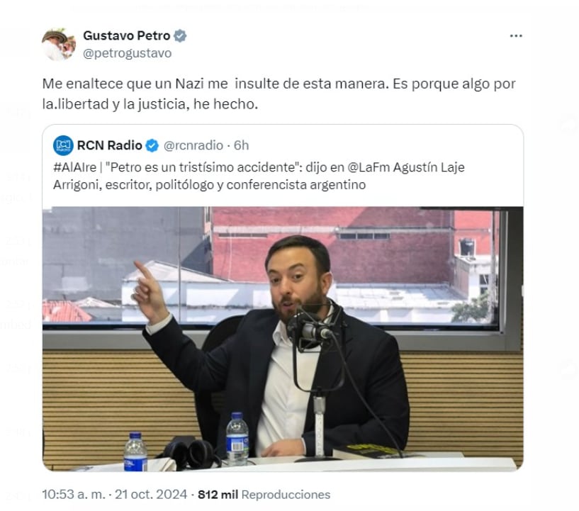 Gustavo Petro llamó “nazi” al escritor argentino Agustín Laje, lo que desató un tenso intercambio en redes sociales - crédito @petrogustavo/X