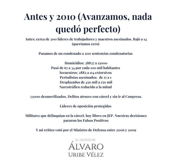 En defensa de su gobierno, el expresidente Álvaro Uribe habló de los que, para él, fueron logros de su gobierno, que frenó los falsos positivos - crédito @alvarouribevel/X