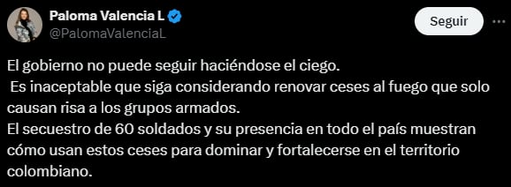 La senadora criticó al Gobierno por considerar cese al fuego con las disidencias de las Farc - crédito  @PalomaValenciaL/X