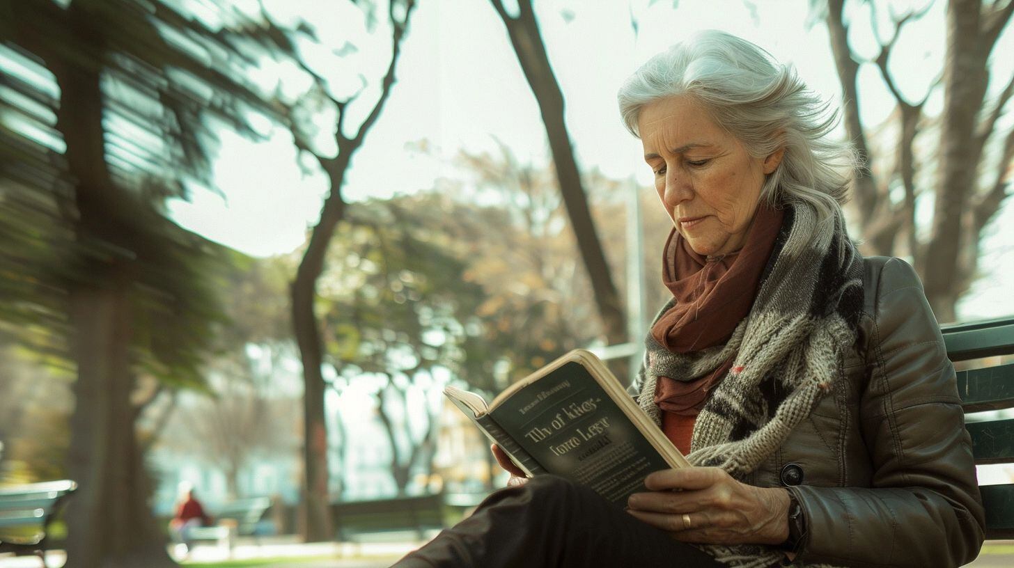 Señora mayor disfruta de la lectura en solitario en un banco de parque, evidenciando cómo los momentos de tranquilidad pueden ser un refugio contra la soledad y el aislamiento. La imagen invita a considerar el impacto de la falta de interacciones sociales en la salud mental, y la necesidad de abordar estos temas a través de la psicología y la terapia. (Imagen ilustrativa Infobae)