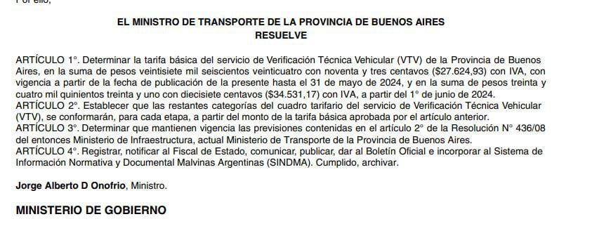 Resolución aumento de la VTV provincia de Buenos Aires