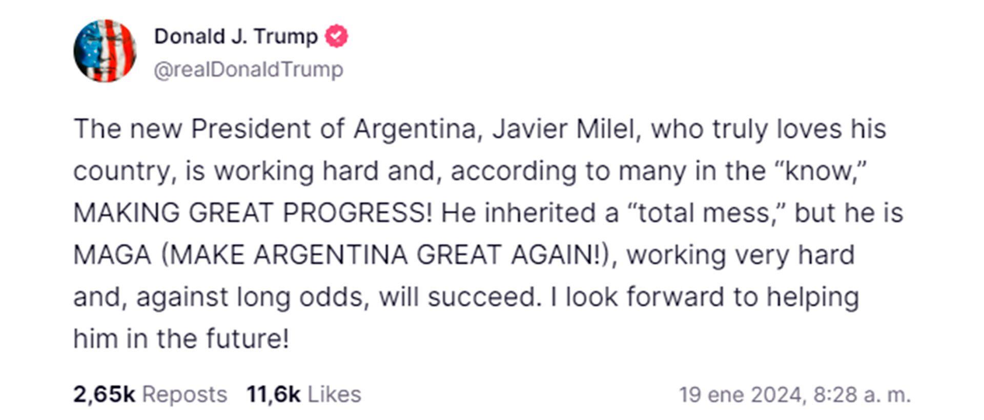 Donald Trump apoya a Javier Milei