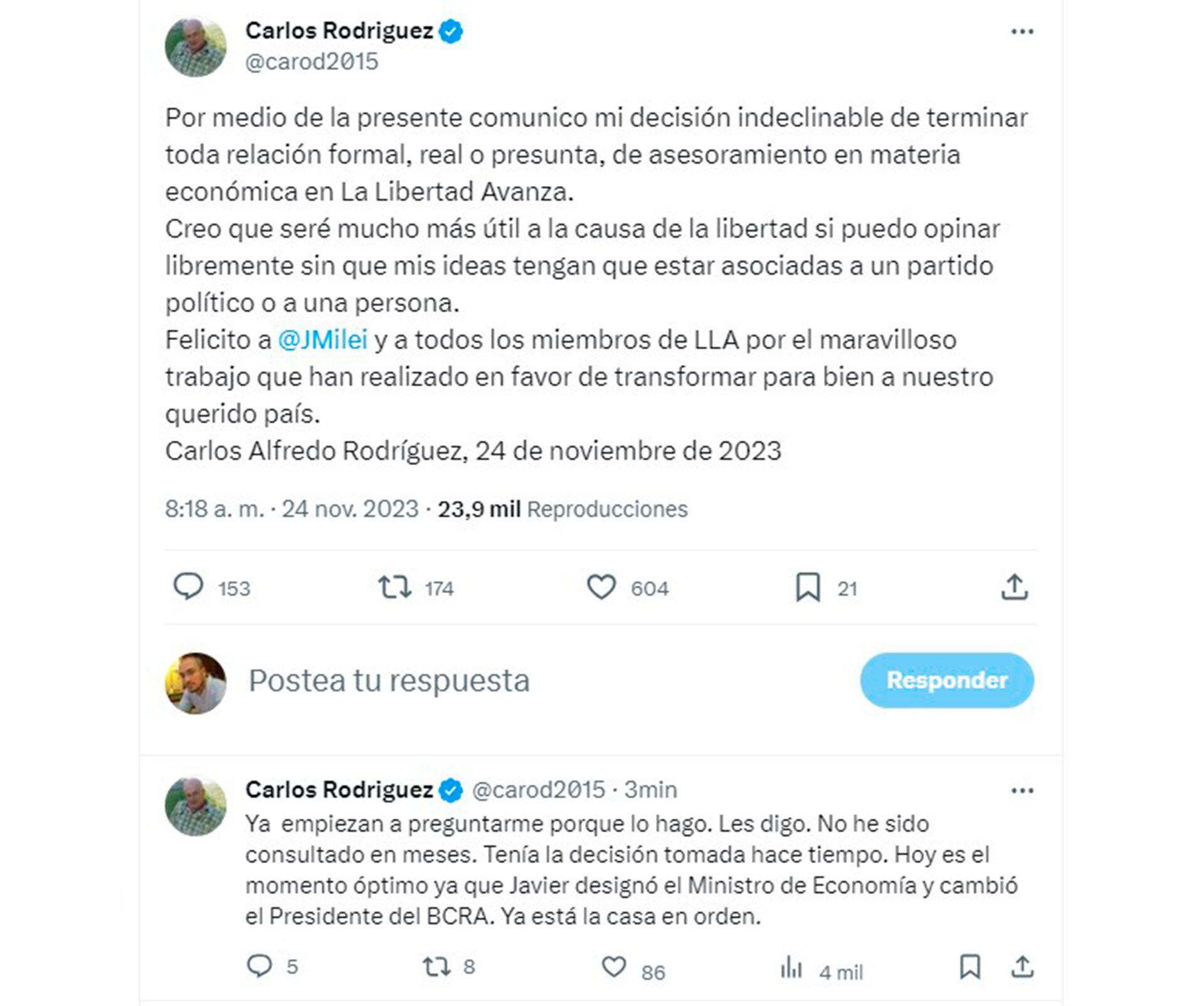 Carlos Rodriguez - tuit - renuncia a La Libertad Avanza