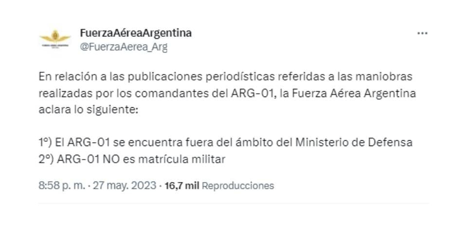 Fuerza Aérea Argentina sobre avión presidencial