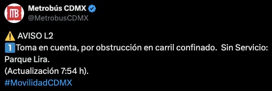 Avance en tiempo real de las diversas líneas de la red de transporte público capitalino. (TW MB CDMX)