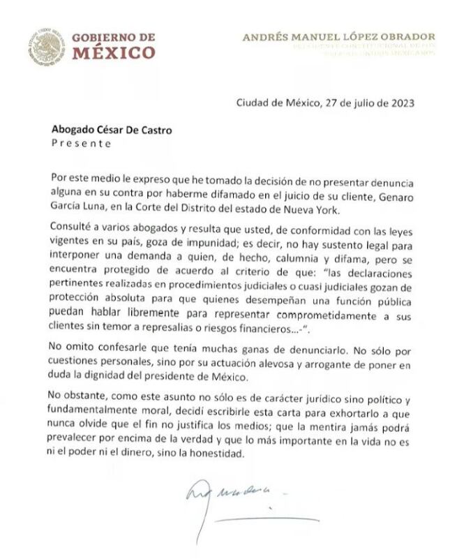 Esta es la carta que envió AMLO al abogado de García Luna. Presidencia