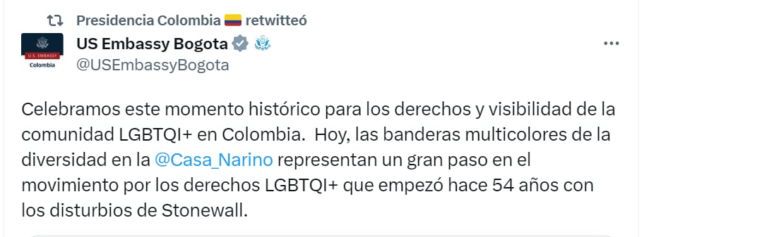 Embajada de Estados Unidos apoya las banderas multicolores expuestas en la Casa de Nariño.