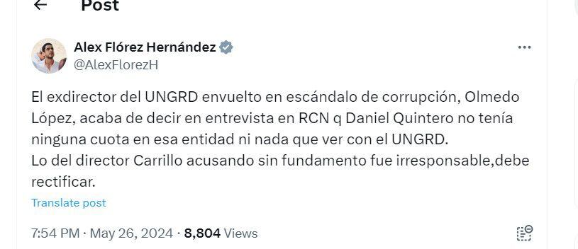 Alex Flórez calificó como "irresponsables" las palabras del director de la Ungrd Carlos Carrillo - crédito @AlexFlorezH