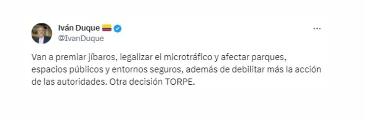 El expresidente Iván Duque criticó la política gubernamental de drogas, considera que se quiere premiar a los "jíbaros" - crédito @IvanDuque/X