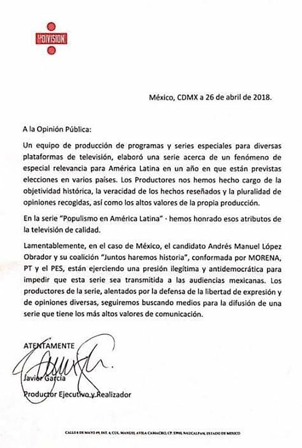 Comunicado de la productora La División en el que acusa presión política del candidato López Obrador.