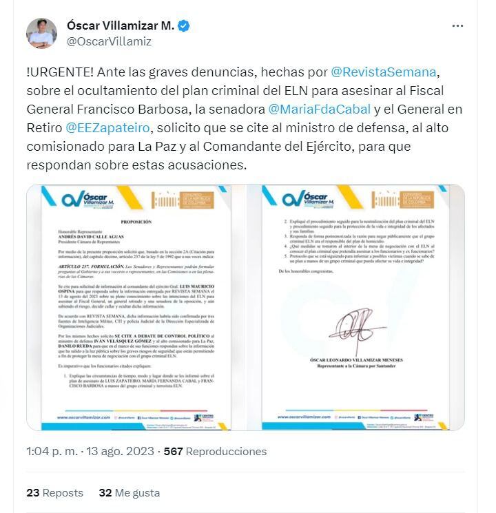 Con este comunicado de prensa, el representante Óscar Villamizar confirmó que radicó solicitud para citar a debate de control político al ministro de Defensa, Iván Velásquez, y al comisionado de Paz, Danilo Rueda.