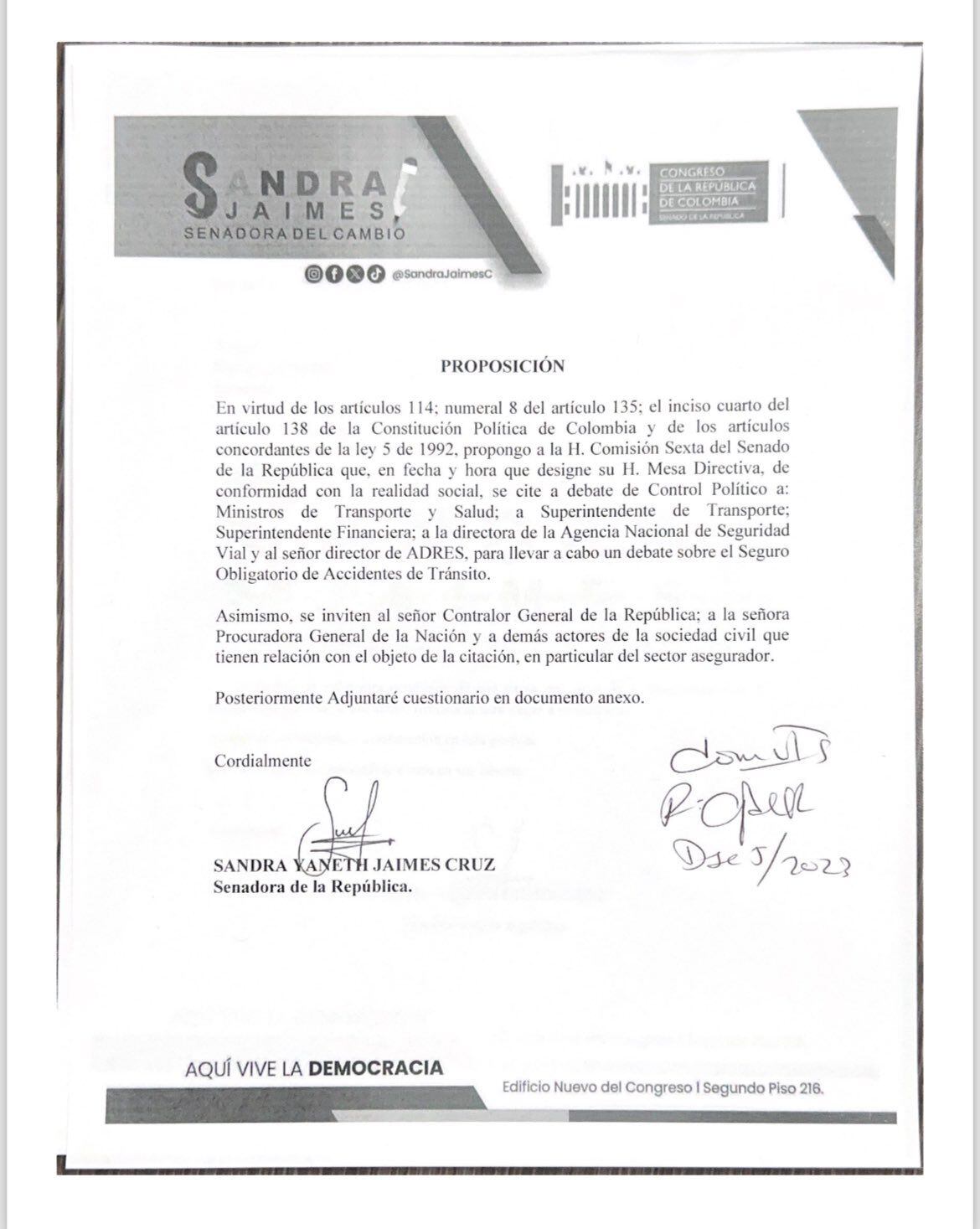 Proposición radicada para llevar a cabo el debate de control político a todas las entidades del orden nacional sobre el seguro obligatorio de accidente de tránsito del Soat - crédito @SandraJaimesC/X