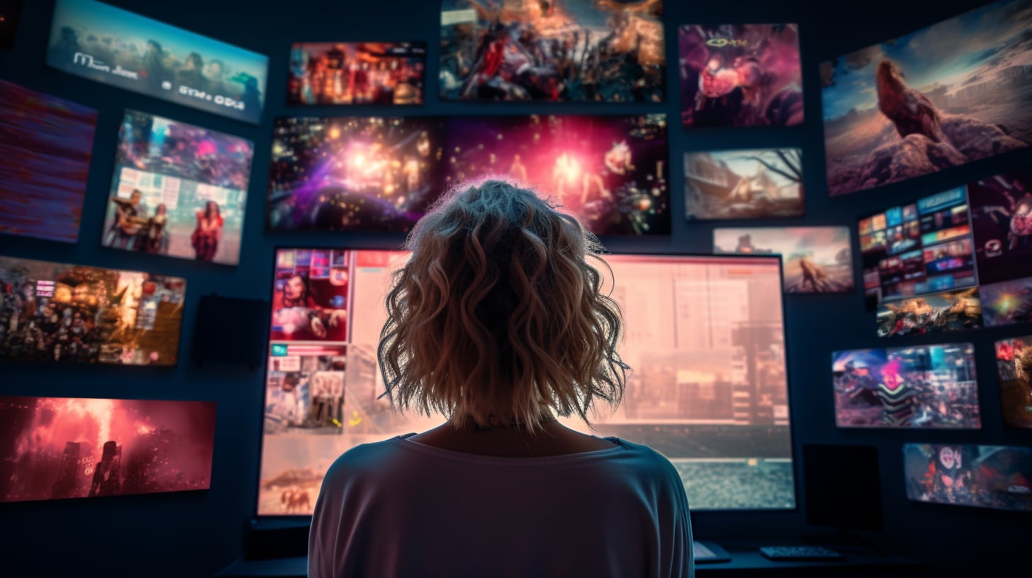 Una mujer de 30 años está sentada frente a la televisión, viendo una película de amor en Netflix. La luz neón de la pantalla ilumina la habitación, que está decorada con pantallas LCD y pósters de películas, creando un ambiente melancólico y cinéfilo. (Imagen ilustrativa Infobae)