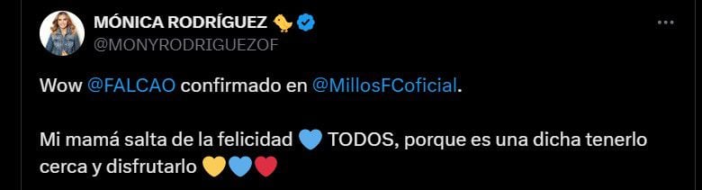 Hasta las personalidades de la televisión colombiana destacaron la llegada de Falcao a Millonarios - crédito @MONYRODRIGUEZOF/X