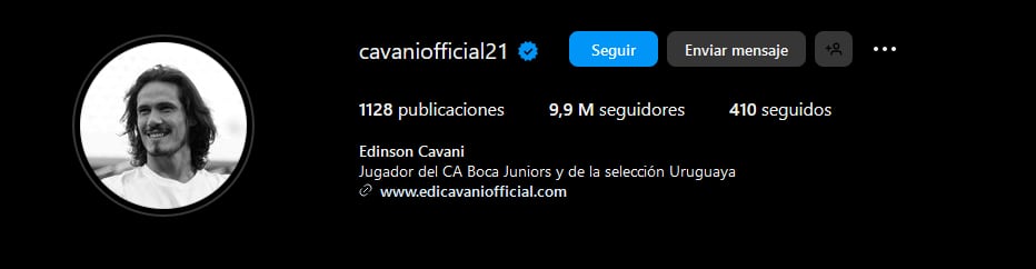 Edinson actualizó su perfil de Instagram y se describió como jugador de Boca Juniors