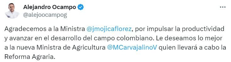 El representante felicitó a Martha Carvajalino por su llegada al Minagricultura- crédito X @alejoocampog