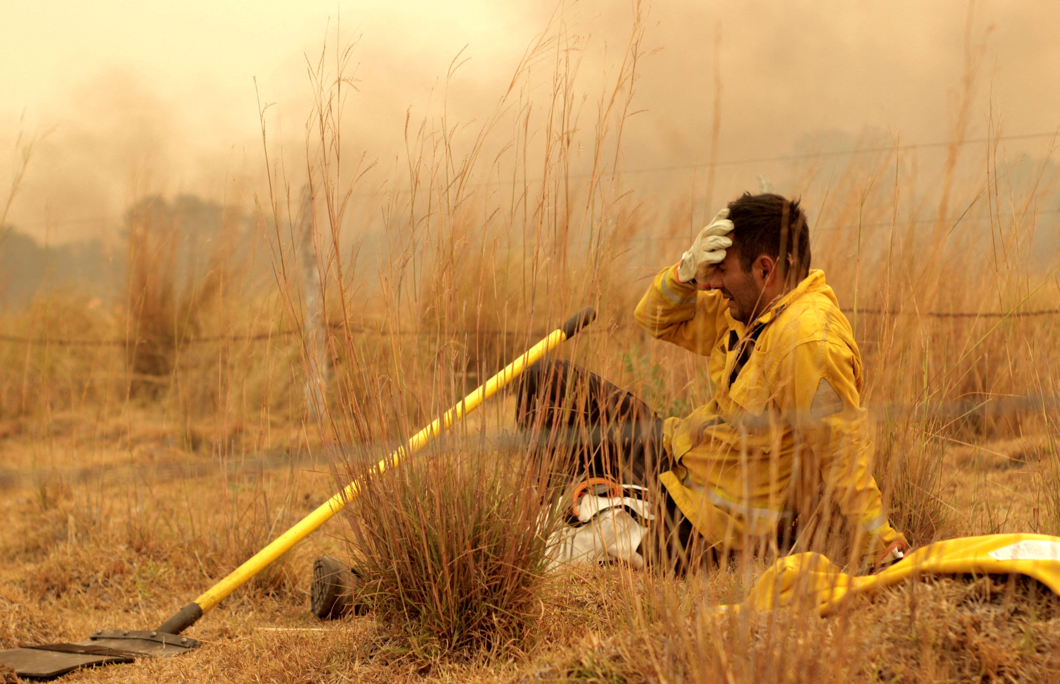 Una de las imágenes más icónicas de la lucha contra el fuego en la provincia de Corrientes: un bombero rompe en llanto ante la impotencia de no poder controlar el fuego. Entre enero y febrero se quemaron alrededor de un millón de hectáreas (REUTERS/Sebastián Toba)