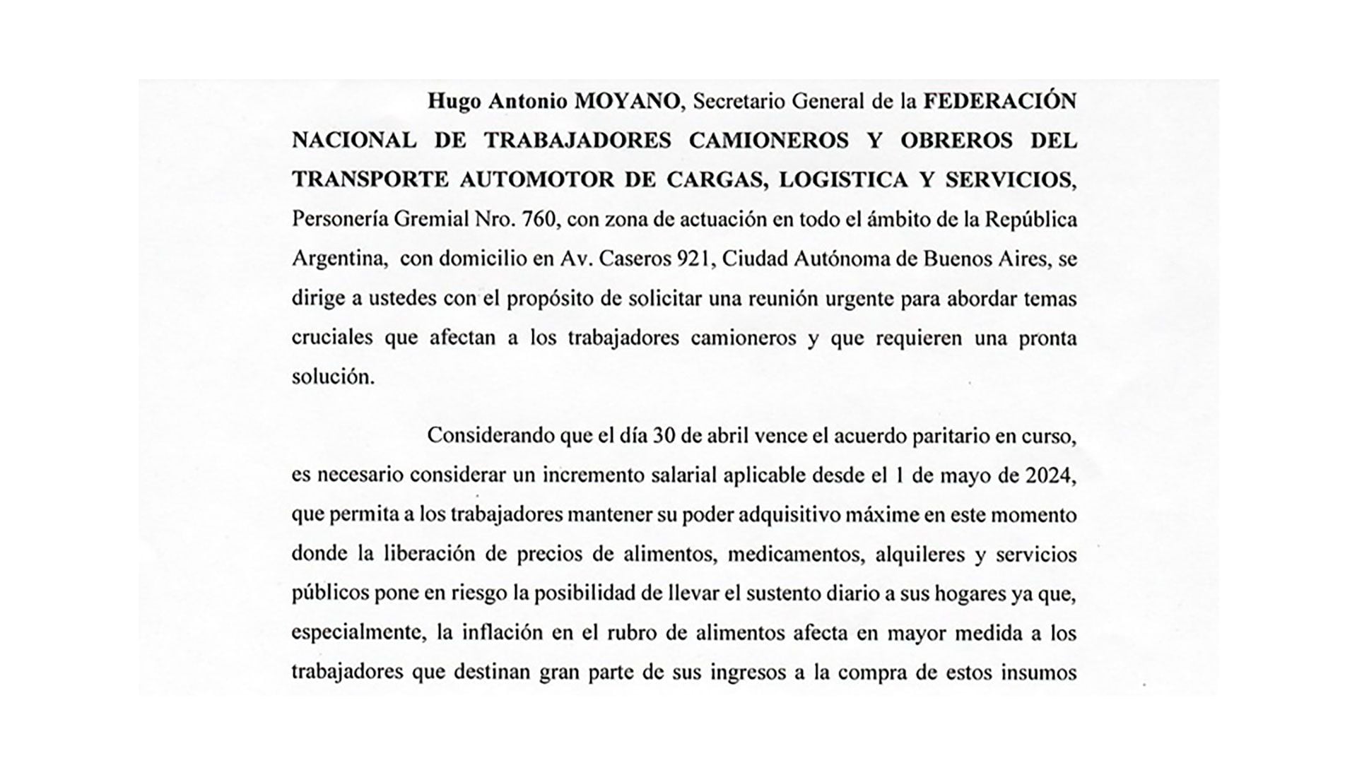 Carta de Hugo Moyano a los empresarios