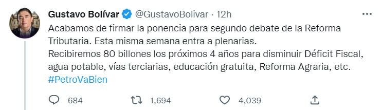 Tweet de Gustavo Bolívar acerca de la radicación de la reforma tributaria. Foto tomada de @Gustavo Bolivar