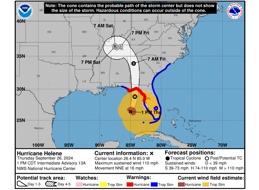 Los vientos de Helene alcanzan los 193 km/h, situándose a 273 km al oeste-suroeste de Tampa. (NHC)