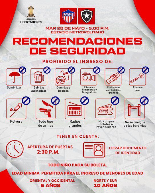 Estas son las disposiciones de las autoridades locales para el partido entre Junior de Barranquilla y Botafogo - crédito Junior de Barranquilla / X