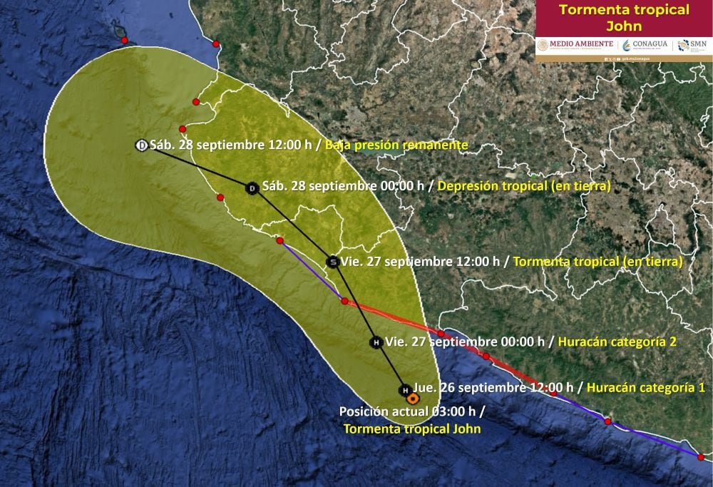 Esta es la posible trayectoria de John. (SMN/Conagua)