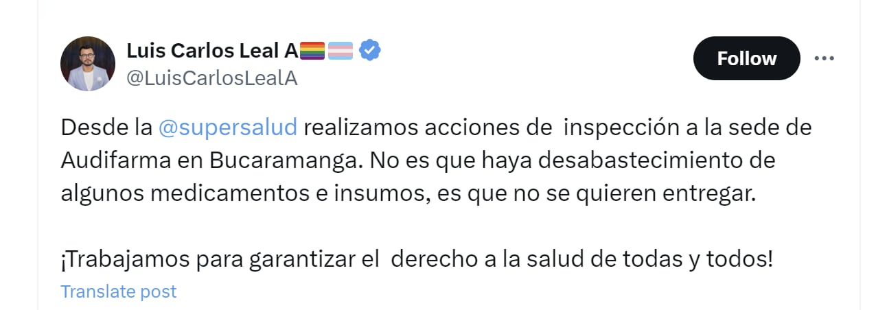 Luis Carlos Leal criticó a Audifarma de Bucaramanga por no entregar medicamentos a sus usuarios y aseguró que no hay desabastecimiento de medicamentos - crédito @LuisCarlosLealA/X