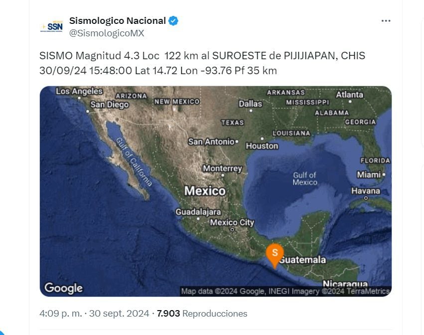 Sismo en Pijijiapan, Chiapas (X/ @SismologicoMX9