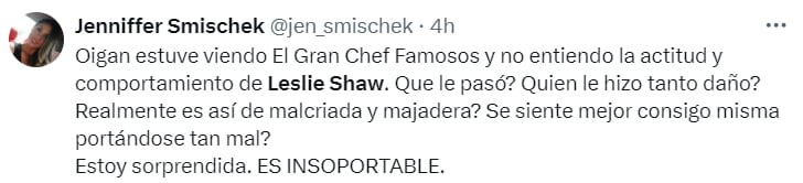 Leslie Shaw es duramente criticada por su actitud en 'El Gran Chef Famosos'.