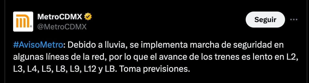 Se registra marcha lenta por lluvia en ocho líneas (X/@MetroCDMX)