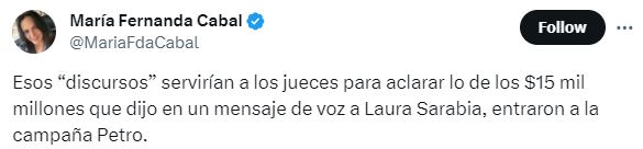 María Fernanda Cabal arremetió contra Armando Benedetti- crédito @MariaFdaCabal/X