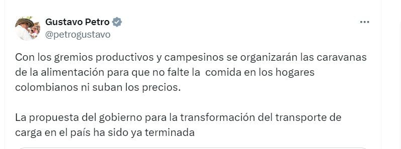 Gustavo Petro, presidente de Colombia, dijo que habrá caravanas para llevar alimentos a los hogares colombianos - crédito @PetroGustavo/X