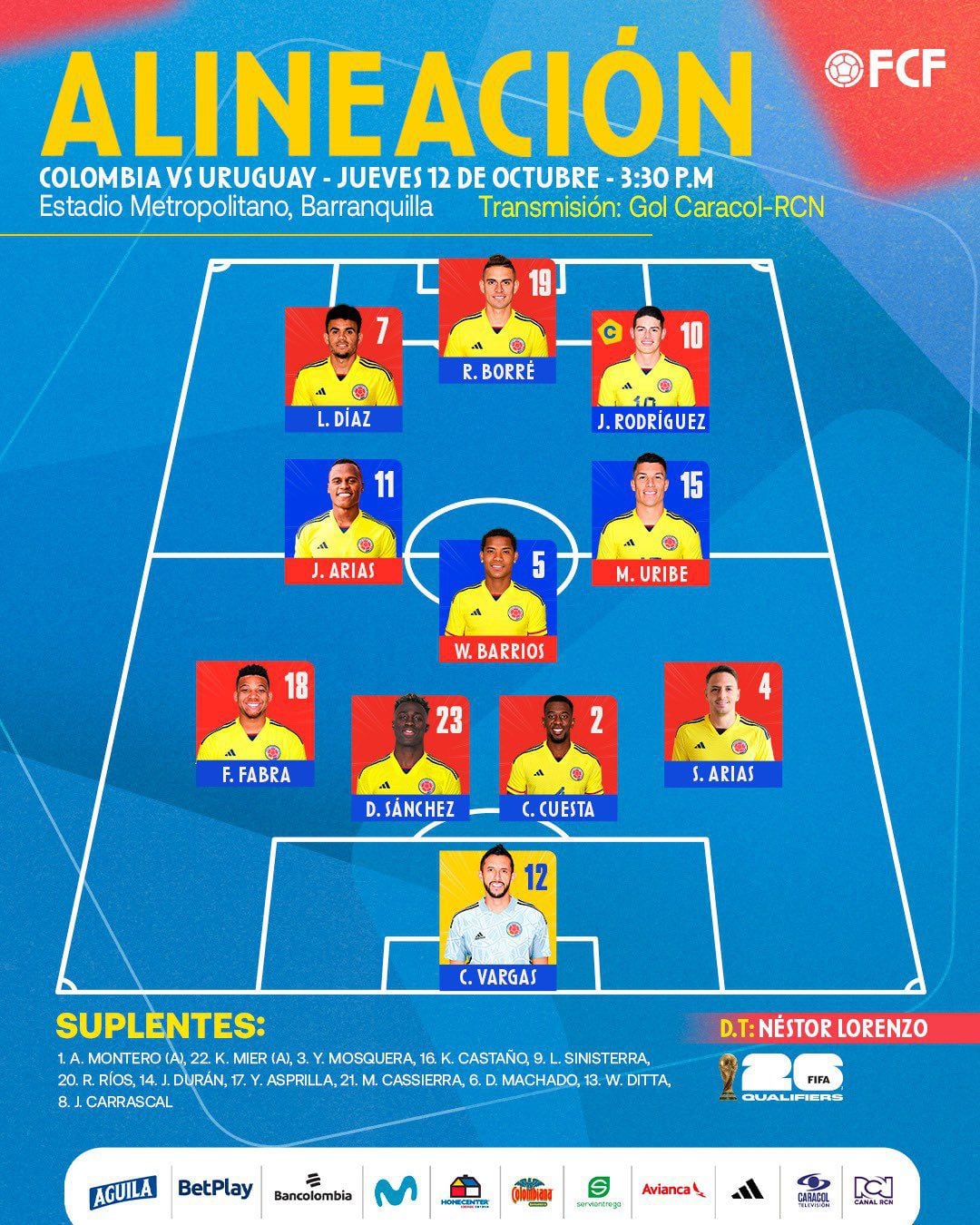 Colombia vs Uruguay, por las Eliminatorias sudamericanas rumbo al Mundial  2026: alineaciones, cuándo, dónde y cómo ver