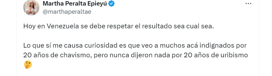 Martha Peralta pide a oposición venezolana aceptar resultados en caso de que el dictador Nicolás Maduro "gane" las elecciones- crédito @marthaperaltae/X