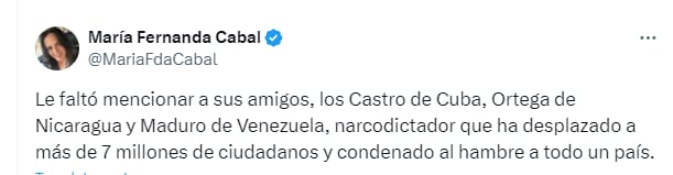 María Fernanda Cabal corrigió a Petro tras tildar de “aprendiz de Hitler” a Pacho Santos - crédito @MariaFdaCabal/X