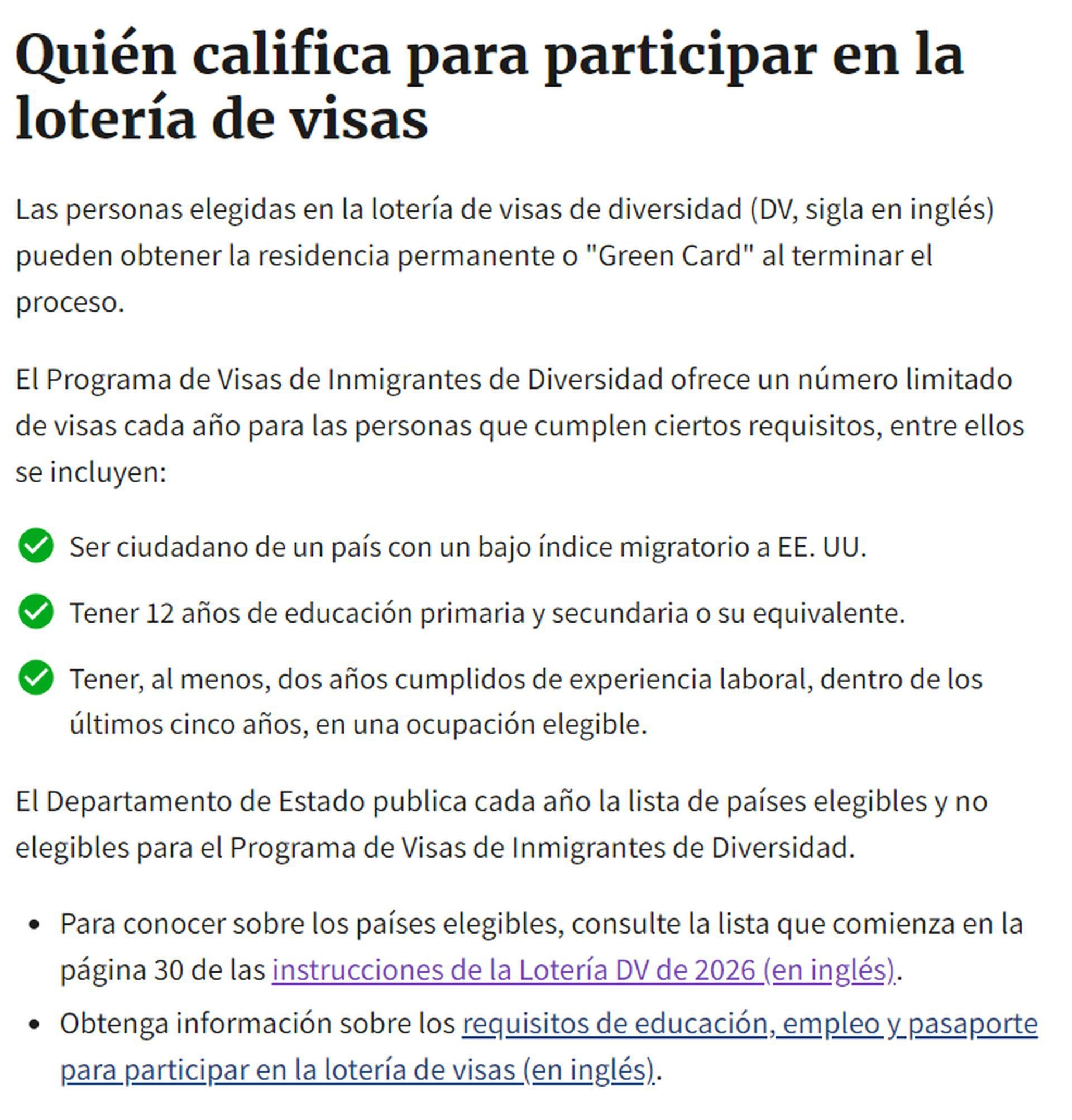 Requisitos para participar de la lotería de visas