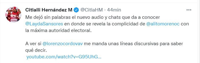 Según señaló Hernández en su red social, Sansores reveló la “complicidad” que tiene el dirigente del tricolor con la máxima autoridad electoral (Foto: Twitter/@CitlaHM)