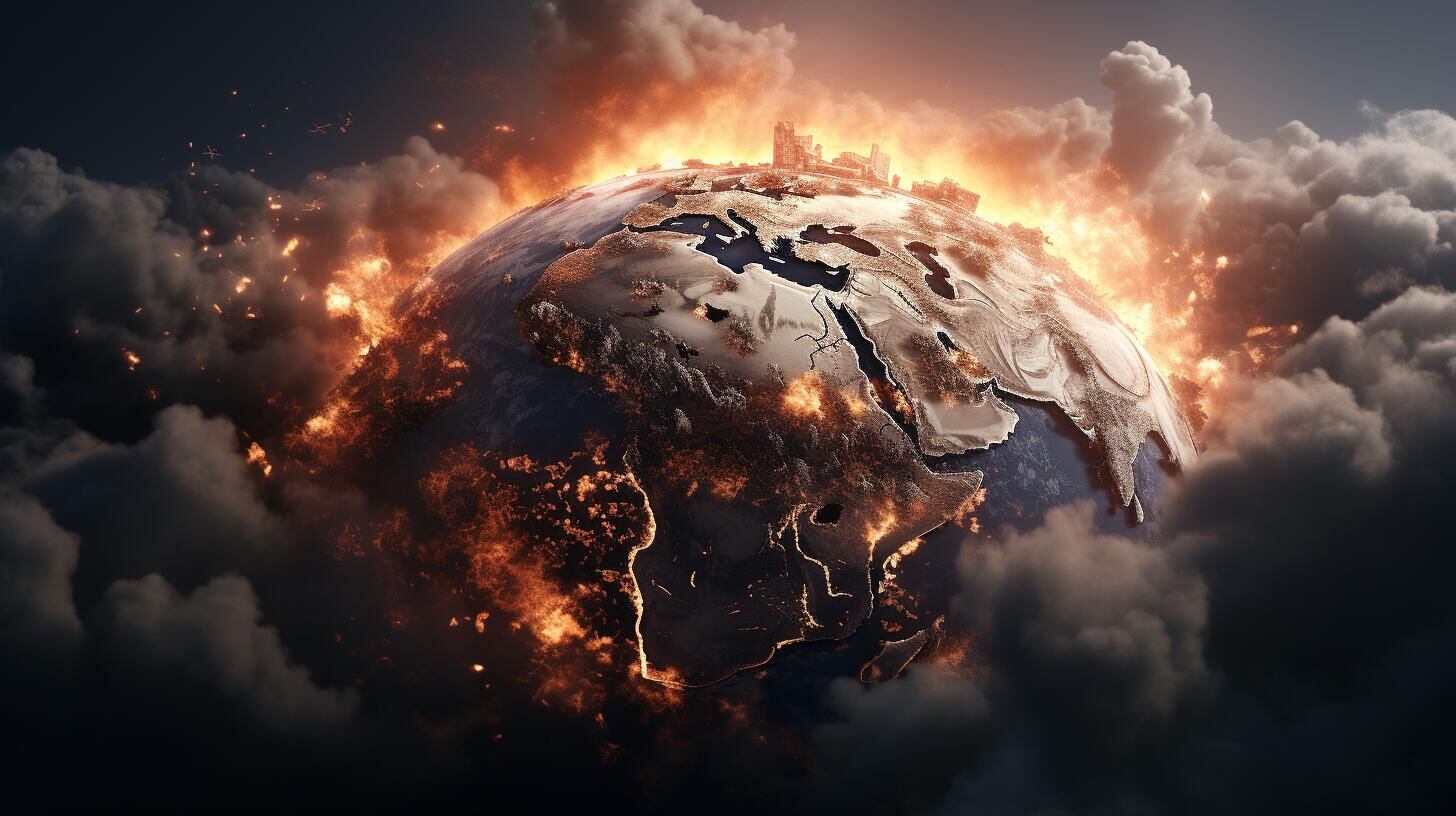 Ecosistema en crisis: un impactante retrato visual muestra la Tierra envuelta en llamas, una representación gráfica del cambio climático, la contaminación y la polución que anticipa un futuro distópico. Explora la ciencia ficción de un apocalipsis ambiental y la amenaza constante de la extinción. (Imagen Ilustrativa Infobae)