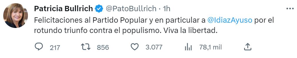 Patricia Bullrich también felicitó al PP