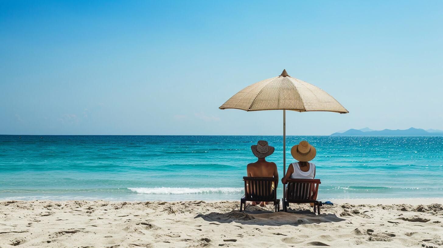 Dos personas sentadas bajo una sombrilla en la playa, contemplando el mar en un ambiente de serenidad y descanso. La fotografía evoca la tranquilidad de las vacaciones y la importancia de tomarse un tiempo para viajar y desconectar durante un feriado o un largo fin de semana. (Imagen ilustrativa Infobae)