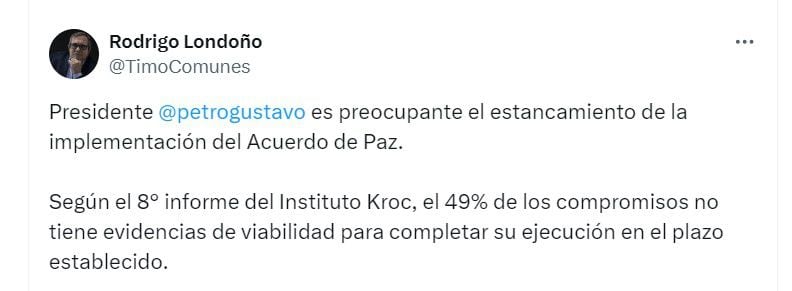 El presidente del partido Comunes expreso su preocupación por la implementación de los acuerdos de paz - crédito @TimoComunes/X