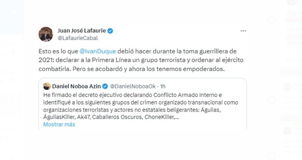 Juan José Lafaurie usó sus redes sociales para comparar las respuestas gubernamentales de Ecuador y Colombia, frente a los actos de violencia - crédito @LafaurieCabal/X