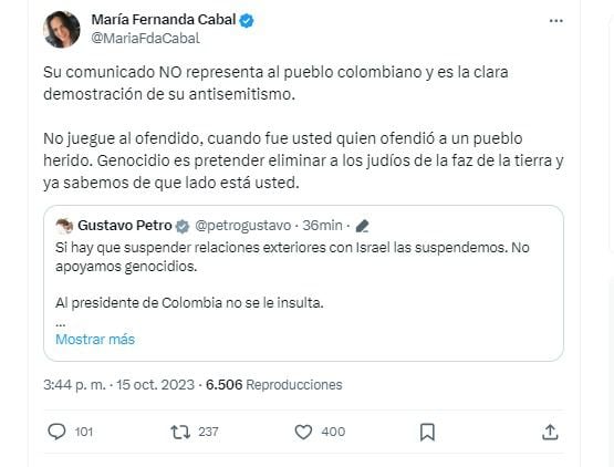 La senadora María Fernanda Cabal se mostró indignada con la posición del presidente Gustavo Petro de querer romper relaciones con Israel - crédito @mariafdacabal/X