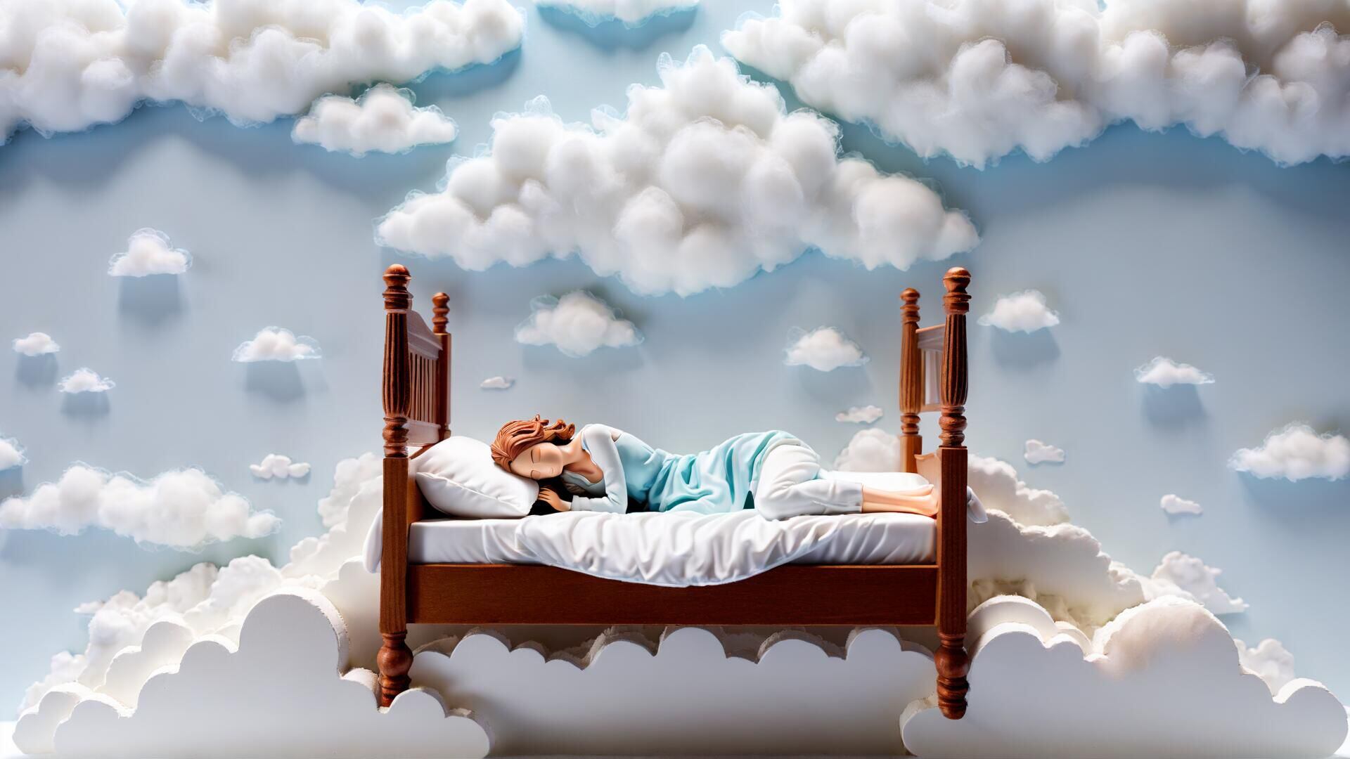 Captura relajante: mujer durmiendo rodeada de nubes, representación visual de paz y sueños. Instantes de descanso que fomentan el bienestar y la salud. (Imagen Ilustrativa Infobae)