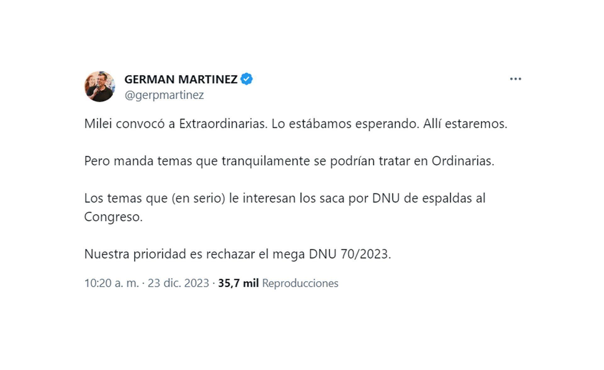 Captura tuit - Germán Martínez adelantó que Unión por la Patria rechazará el DNU de Javier Milei en Diputados