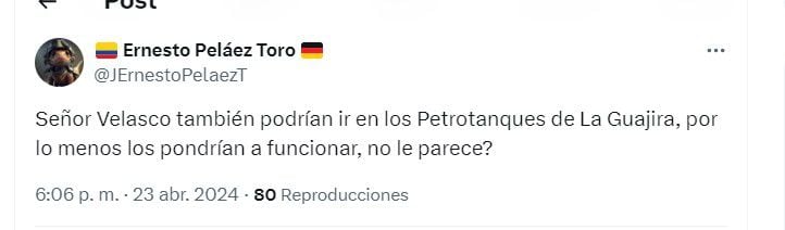 Usuario de X le recuerda al ministro Velasco escandalo de los carrotanques de La Guajira - crédito  @JErnestoPelaezT