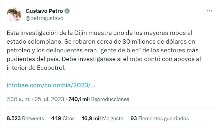 Tuit de Gustavo Petro sobre contrabando de petróleo.