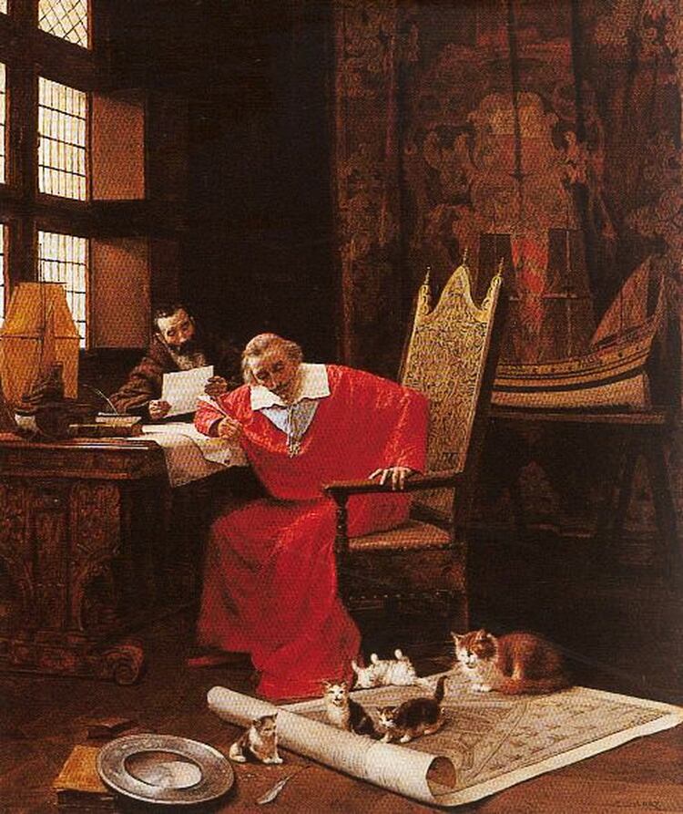 El ocio del Cardenal, pintura de Charles Édouard Delort, c. 1885, Detroit Institute of Arts. Richelieu en compañía de sus gatos y del padre Joseph