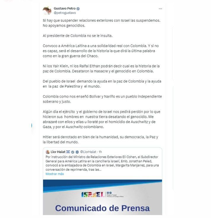 Este es el mensaje en el que el presidente de la República, Gustavo Petro, le respondió al Gobierno de Israel y señaló que está dispuesto a suspender relaciones diplomáticas - crédito @petrogustavo/X